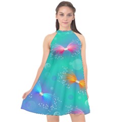 Non Seamless Pattern Blues Bright Halter Neckline Chiffon Dress  by Dutashop