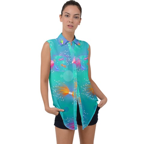 Non Seamless Pattern Blues Bright Sleeveless Chiffon Button Shirt by Dutashop