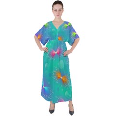 Non Seamless Pattern Blues Bright V-neck Boho Style Maxi Dress by Dutashop