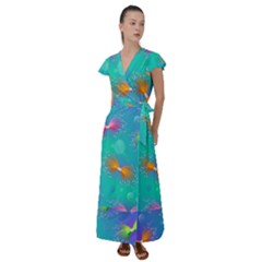 Non Seamless Pattern Blues Bright Flutter Sleeve Maxi Dress by Dutashop