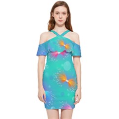 Non Seamless Pattern Blues Bright Shoulder Frill Bodycon Summer Dress