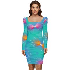 Non Seamless Pattern Blues Bright Women Long Sleeve Ruched Stretch Jersey Dress