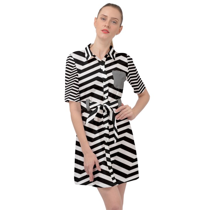 Zigzag Chevron Pattern Belted Shirt Dress