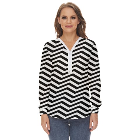 Zigzag Chevron Pattern Zip Up Long Sleeve Blouse by Dutashop