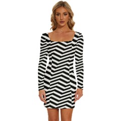 Zigzag Chevron Pattern Long Sleeve Square Neck Bodycon Velvet Dress by Dutashop