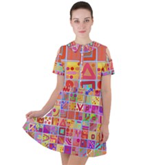 Colourful Abstract Shapes Short Sleeve Shoulder Cut Out Dress 