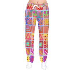 Colourful Abstract Shapes Women Velvet Drawstring Pants by Pakjumat