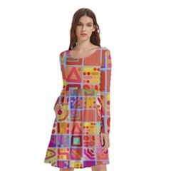 Colourful Abstract Shapes Long Sleeve Knee Length Skater Dress With Pockets