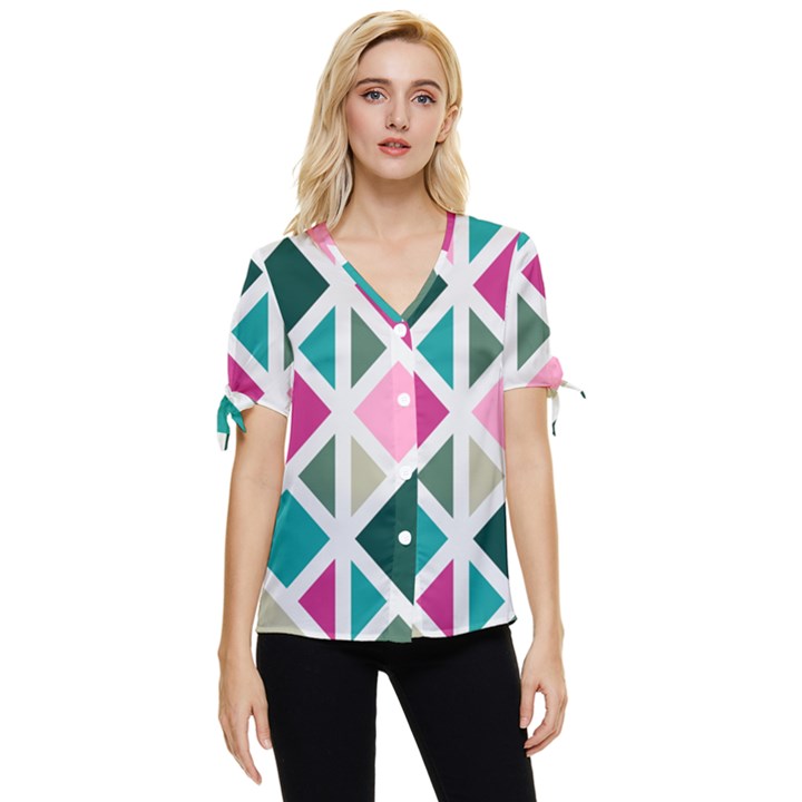 Pattern Geometric Decor Backdrop Bow Sleeve Button Up Top