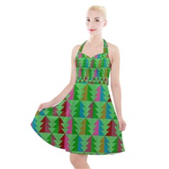 Christmas Background Paper Halter Party Swing Dress  by Modalart