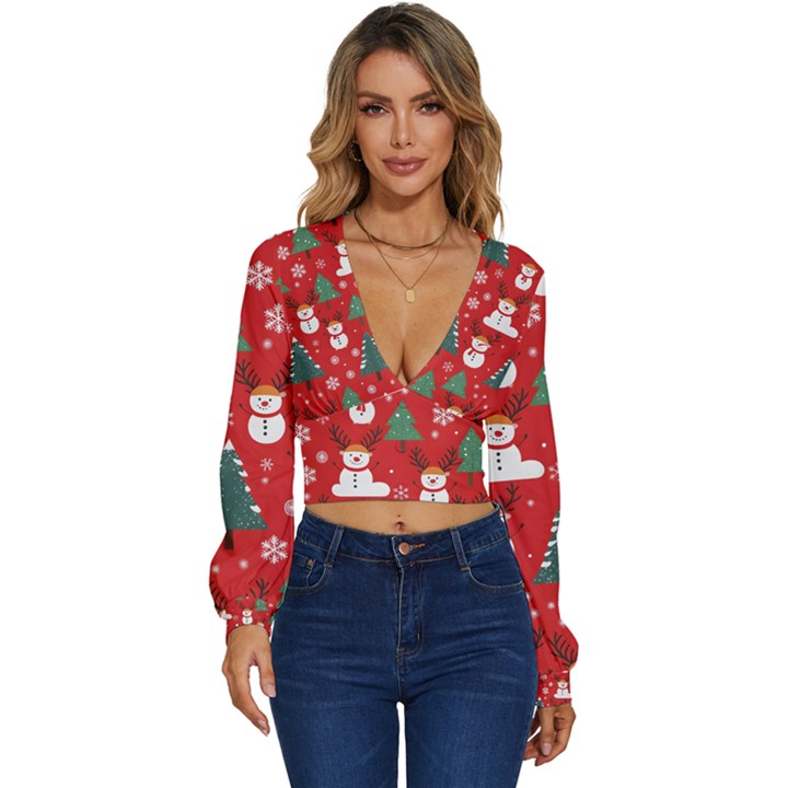 Christmas Decoration Long Sleeve Deep-V Velour Top