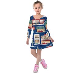 Background Mid Century Modern Kids  Long Sleeve Velvet Dress by Modalart