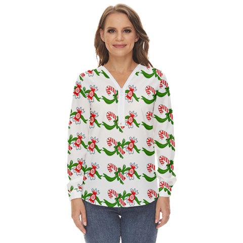 Sweet Christmas Candy Cane Zip Up Long Sleeve Blouse by Modalart