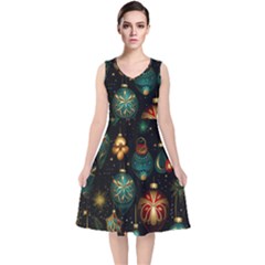 Christmas Ornaments V-neck Midi Sleeveless Dress  by Modalart