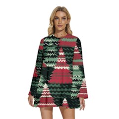 Christmas Trees Round Neck Long Sleeve Bohemian Style Chiffon Mini Dress by Modalart