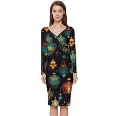 Christmas Ornaments Long Sleeve V-neck Bodycon Dress  by Modalart