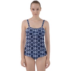 Geometric Monochrome Triangle Twist Front Tankini Set by Bedest