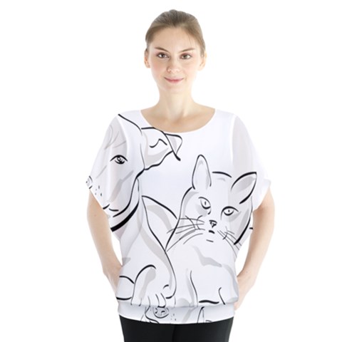 Dog Cat Domestic Animal Silhouette Batwing Chiffon Blouse by Modalart