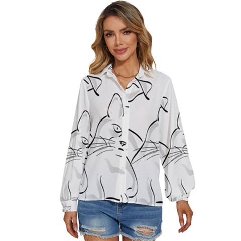 Dog Cat Domestic Animal Silhouette Women s Long Sleeve Button Up Shirt by Modalart