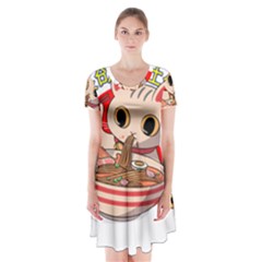 Ramen Cat Noodles Cute Japanes Short Sleeve V-neck Flare Dress by Modalart