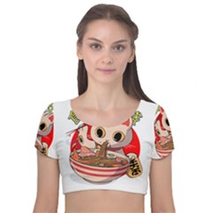 Ramen Cat Noodles Cute Japanes Velvet Short Sleeve Crop Top 