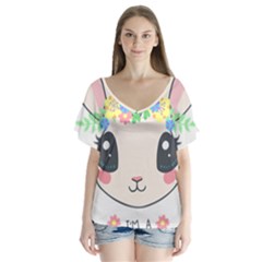 Unicorn Rabbit Hare Wreath Cute V-neck Flutter Sleeve Top by Modalart