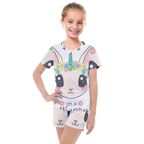 Unicorn Rabbit Hare Wreath Cute Kids  Mesh T-shirt And Shorts Set by Modalart