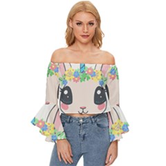 Unicorn Rabbit Hare Wreath Cute Off Shoulder Flutter Bell Sleeve Top by Modalart