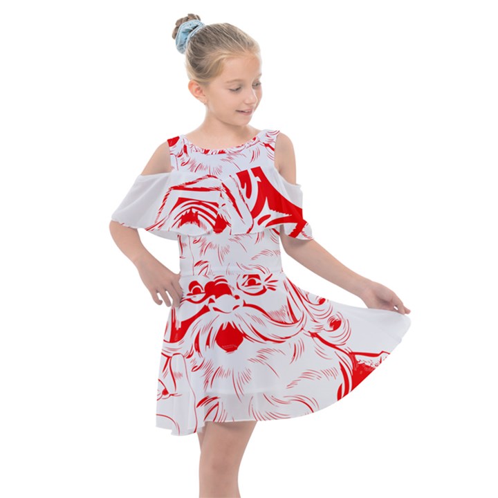 Santa Claus Red Christmas Kids  Shoulder Cutout Chiffon Dress