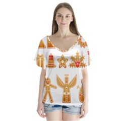 Gingerbread Food Snack Seasonal V-neck Flutter Sleeve Top by Modalart