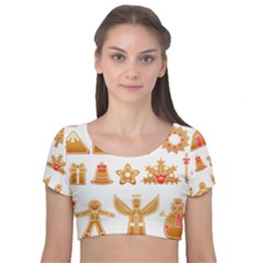 Gingerbread Food Snack Seasonal Velvet Short Sleeve Crop Top  by Modalart