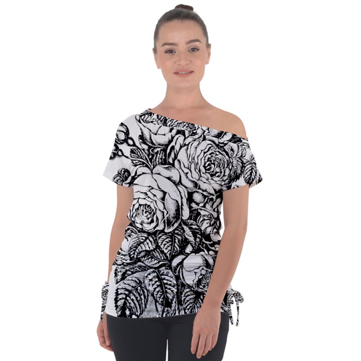 Roses Bouquet Flowers Sketch Off Shoulder Tie-Up T-Shirt