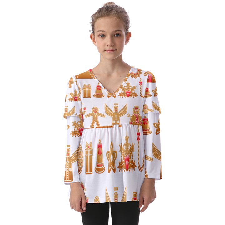 Gingerbread Food Snack Seasonal Kids  V Neck Casual Top