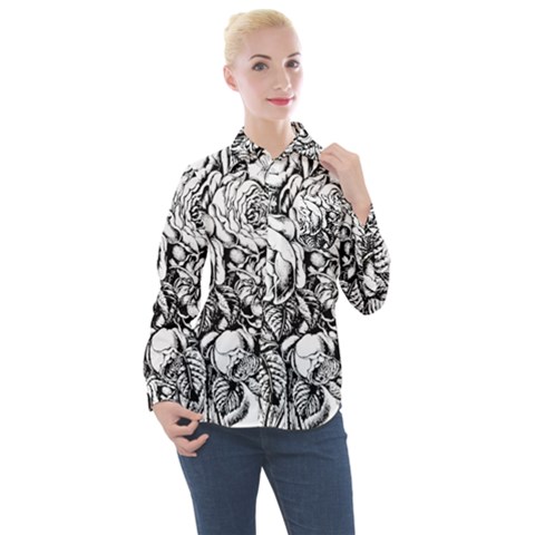 Roses Bouquet Flowers Sketch Women s Long Sleeve Pocket Shirt by Modalart