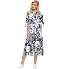 Roses Bouquet Flowers Sketch Bow Sleeve Chiffon Midi Dress by Modalart