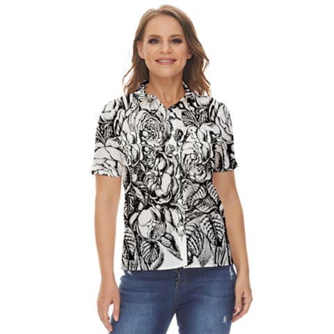 Roses Bouquet Flowers Sketch Women s Short Sleeve Double Pocket Shirt by Modalart