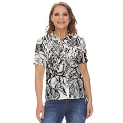 Roses Bouquet Flowers Sketch Women s Short Sleeve Double Pocket Shirt