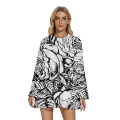 Roses Bouquet Flowers Sketch Round Neck Long Sleeve Bohemian Style Chiffon Mini Dress