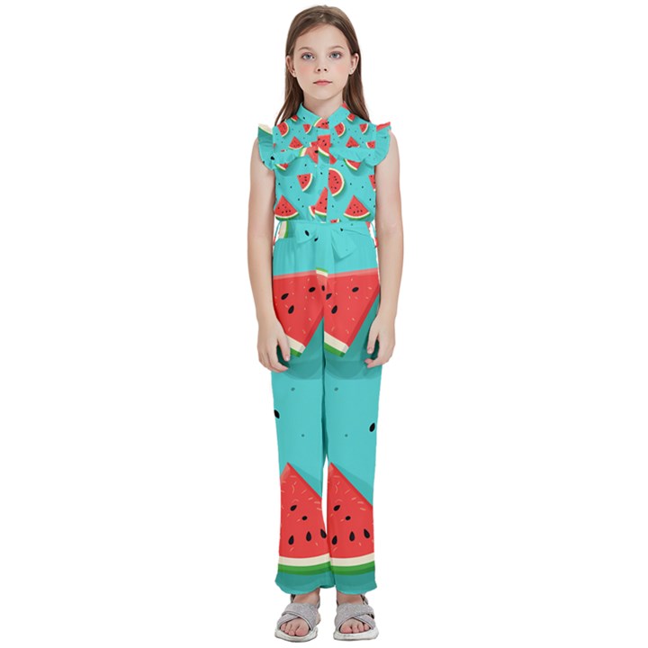 Watermelon Fruit Slice Kids  Sleeveless Ruffle Edge Band Collar Chiffon One Piece