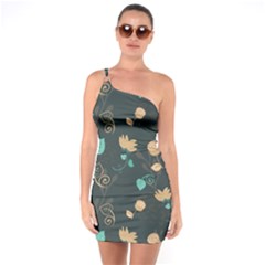 Flower Leaves Pattern Seamless One Shoulder Ring Trim Bodycon Dress by Bedest