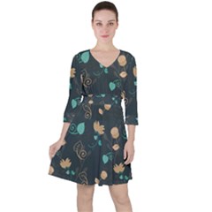 Flower Leaves Pattern Seamless Quarter Sleeve Ruffle Waist Dress by Bedest