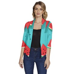 Watermelon Fruit Slice Women s Draped Front 3/4 Sleeve Shawl Collar Jacket by Bedest