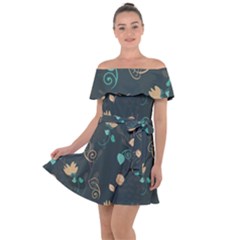 Flower Leaves Pattern Seamless Off Shoulder Velour Dress