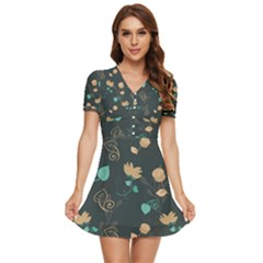 Flower Leaves Pattern Seamless V-neck High Waist Chiffon Mini Dress by Bedest