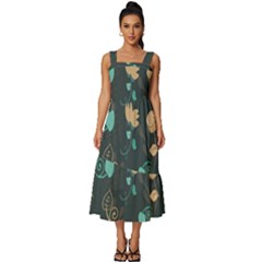 Flower Leaves Pattern Seamless Square Neckline Tiered Midi Dress by Bedest