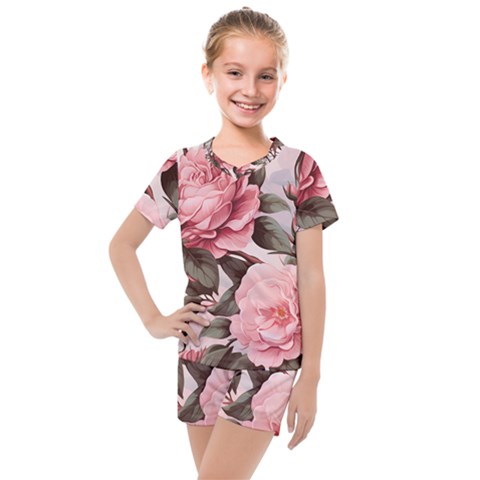 Rose Flower Seamless Kids  Mesh T-shirt And Shorts Set by Bedest