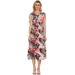 Rose Flower Seamless V-neck Drawstring Shoulder Sleeveless Maxi Dress by Bedest