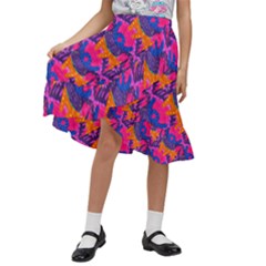 Purple Blue Abstract Pattern Kids  Ruffle Flared Wrap Midi Skirt by Bedest