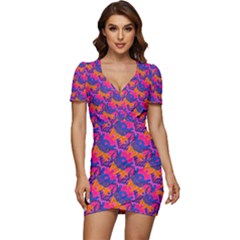 Purple Blue Abstract Pattern Low Cut Cap Sleeve Mini Dress by Bedest