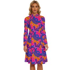 Purple Blue Abstract Pattern Long Sleeve Shirt Collar A-line Dress by Bedest